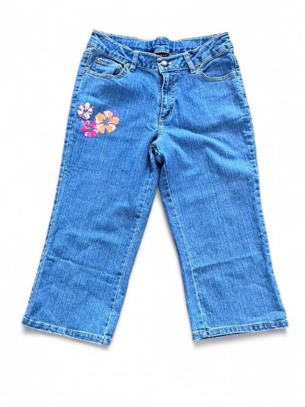 Blue Capri Denim Jeans with Floral Patch